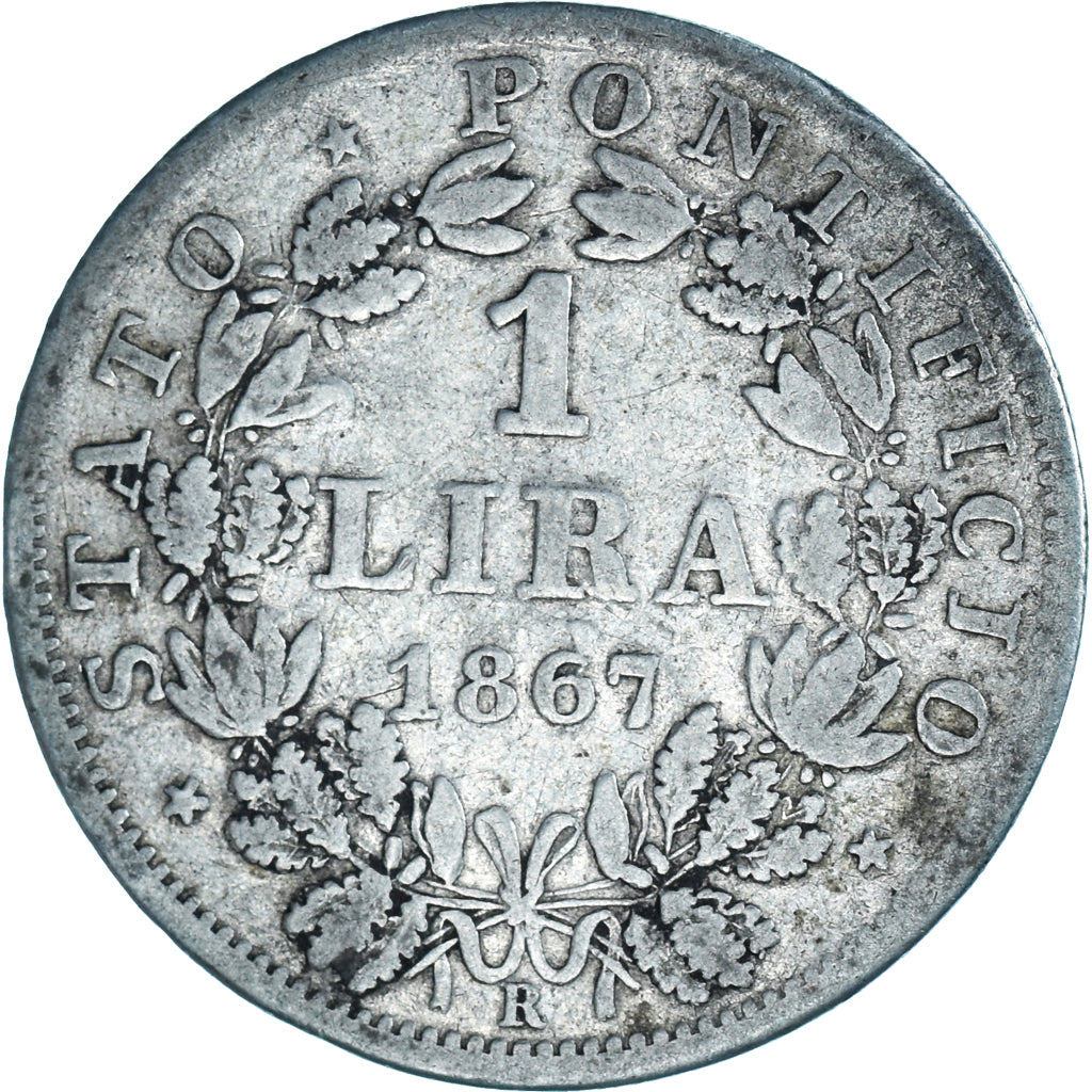 Moneda, Estados italianos, PAPAL STATES, Pius IX, Lira, 1867, Roma, BC+, Plata