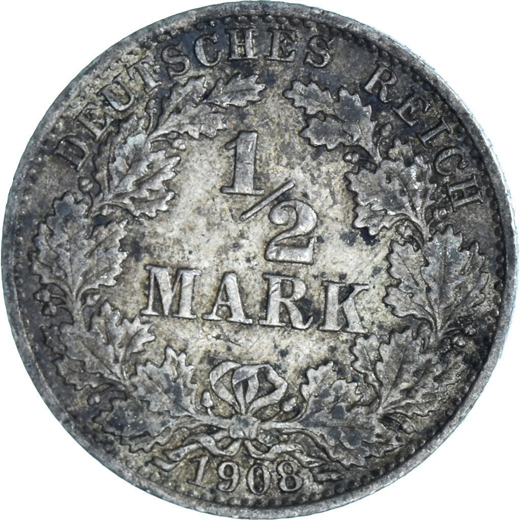 Coin, GERMANY - EMPIRE, 1/2 Mark, 1908, Berlin, EF(40-45), Silver, KM:17