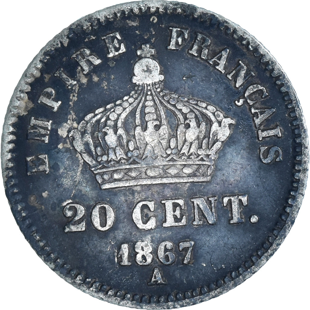 Moneda, Francia, Napoleon III, 20 Centimes, 1867, Paris, BC+, Plata, KM:808.1