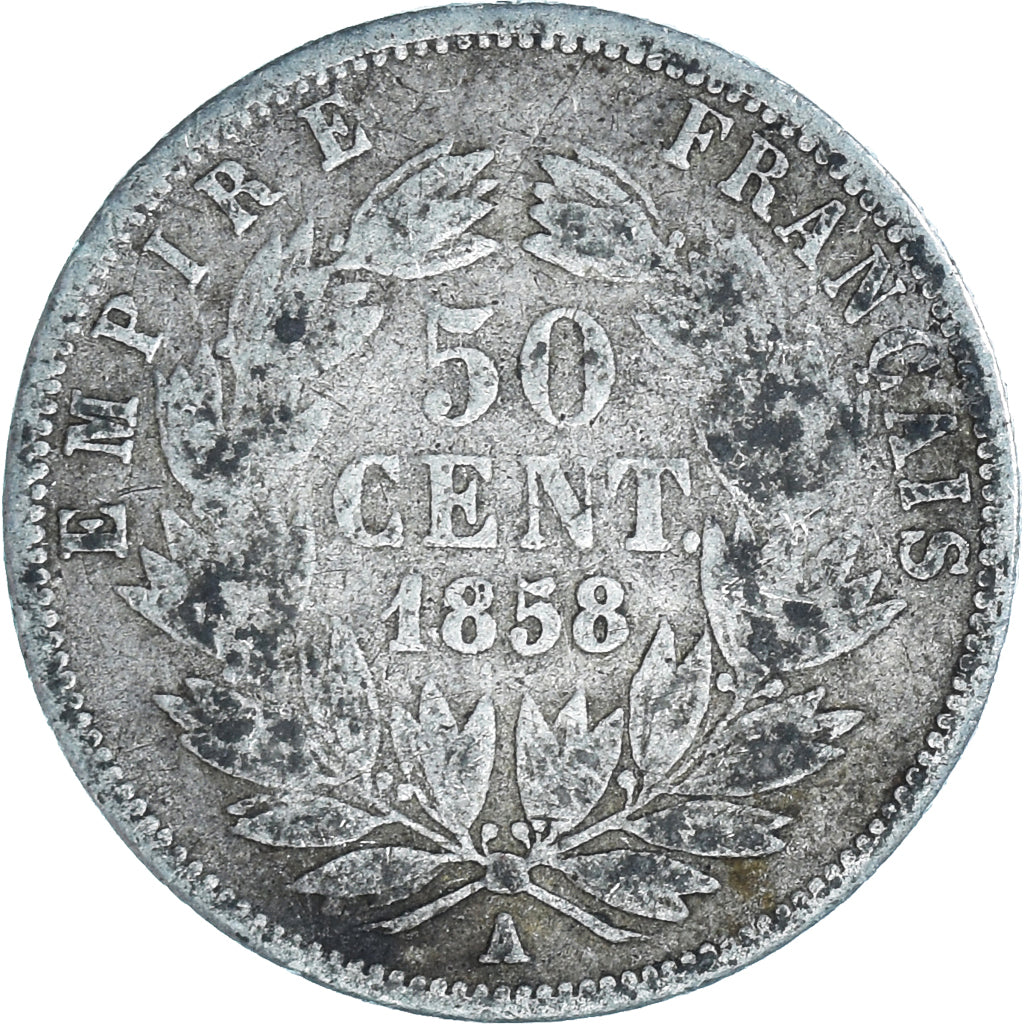 Moneda, Francia, Napoleon III, 50 Centimes, 1858, Paris, BC, Plata, KM:794.1