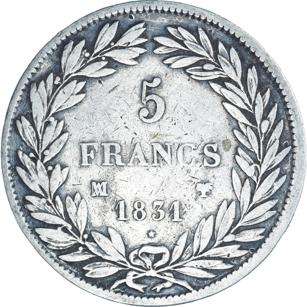 Moeda, França, Louis-Philippe, 5 Francs, 1831, Marseille, VF(20-25), Prata