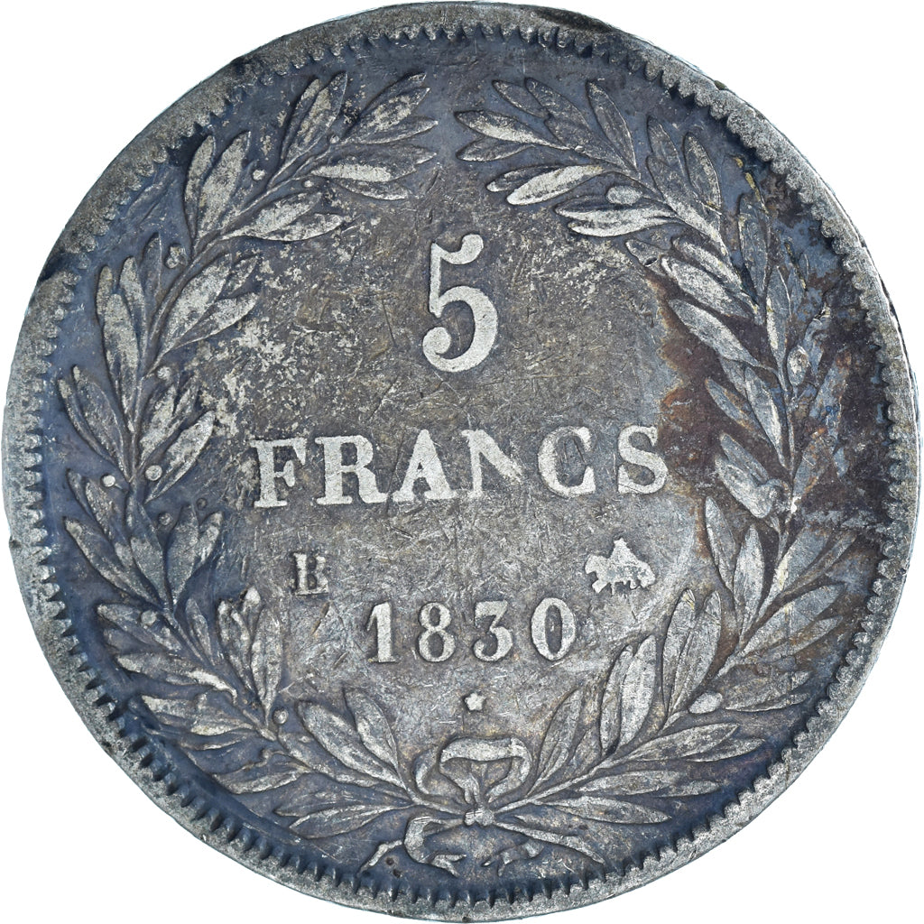 Moneta, Francia, Louis-Philippe, 5 Francs, 1830, Rouen, MB+, Argento, KM:735.2