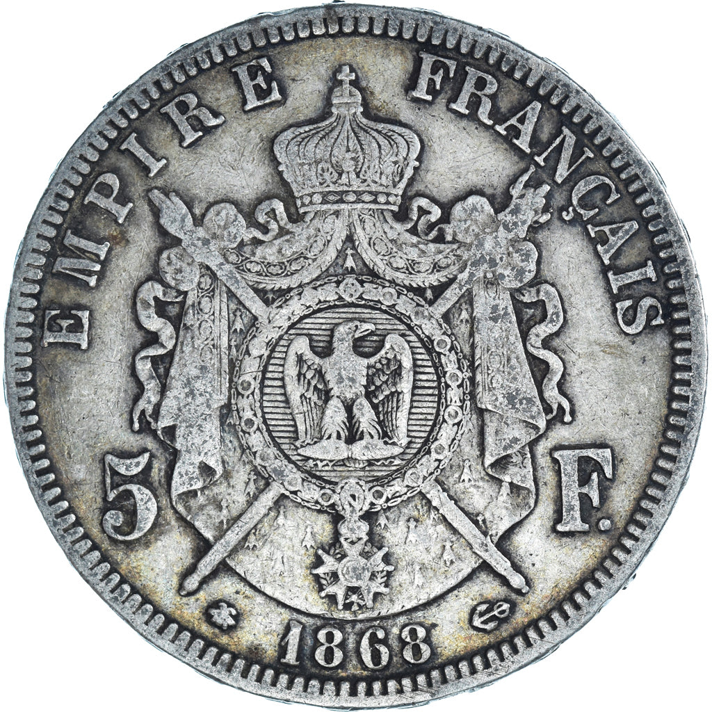 Moneta, Francia, Napoleon III, 5 Francs, 1868, Paris, MB+, Argento, KM:799.1