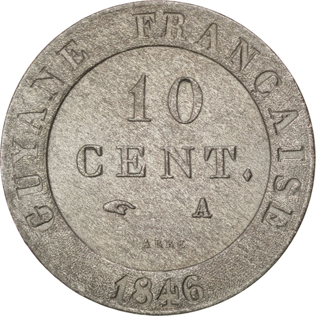 FRENCH GUIANA, 10 Centimes, 1846, Paris, KM #A2, AU(50-53), Billon, Lecompte...