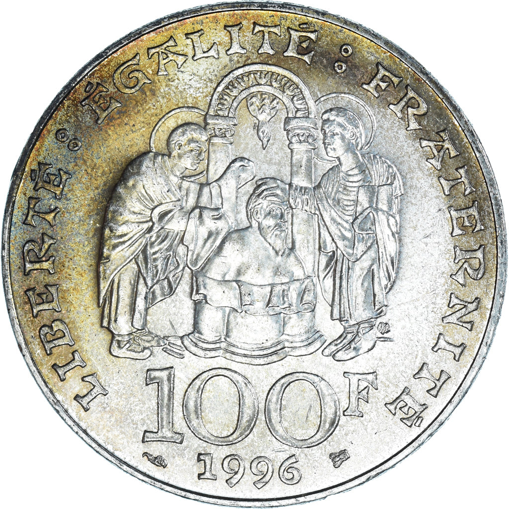 Moeda, França, Clovis, 100 Francs, 1996, AU(55-58), Prata, KM:1180, Gadoury:953