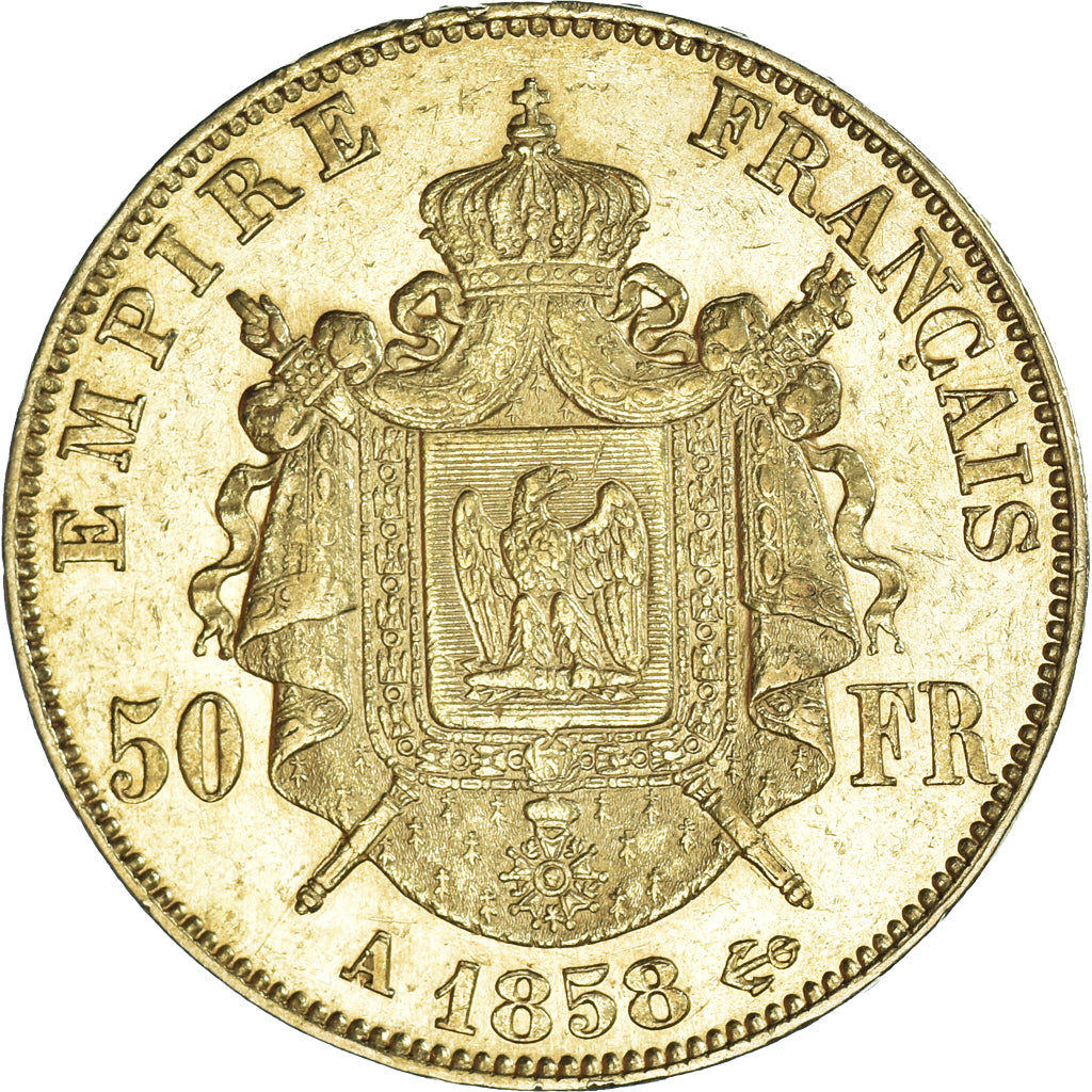 Moneta, Francja, Napoleon III, 50 Francs, 1858, Paris, AU(50-53), Złoto