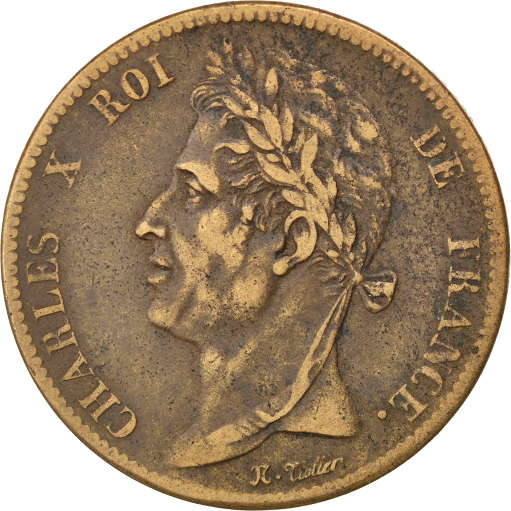FRENCH COLONIES, 5 Centimes, 1825, Paris, KM #10.1, VF(30-35), Bronze, 9.42