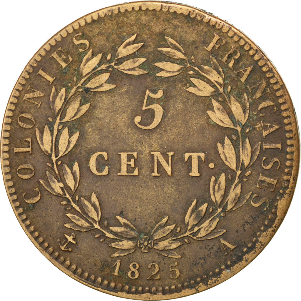 FRENCH COLONIES, 5 Centimes, 1825, Paris, KM #10.1, VF(30-35), Bronze, 9.42