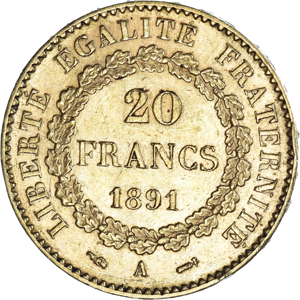 Moneda, Francia, Génie, 20 Francs, 1891, Paris, MBC+, Oro, KM:825, Gadoury:1063