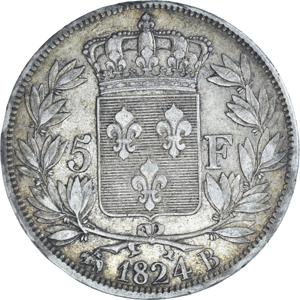 Moneta, Francia, Louis XVIII, 5 Francs, 1824, Rouen, BB, Argento, KM:711.2