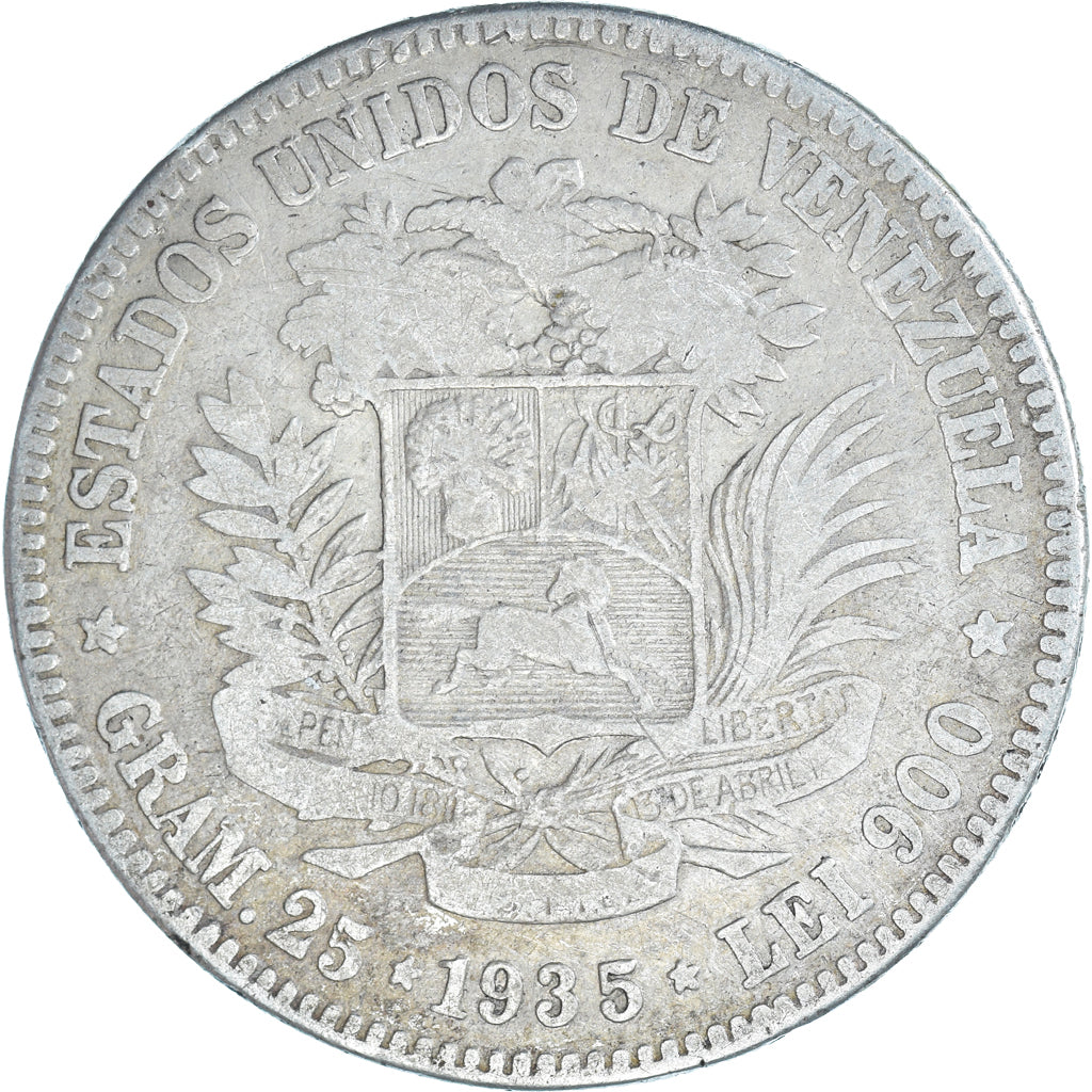 Monnaie, Venezuela, Gram 25, 5 Bolivares, 1935, TB, Argent, KM:24.2