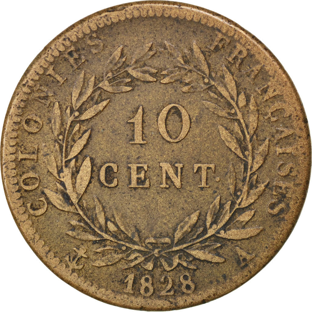 FRENCH COLONIES, 10 Centimes, 1828, Paris, KM #11.1, VF(30-35), Bronze,...