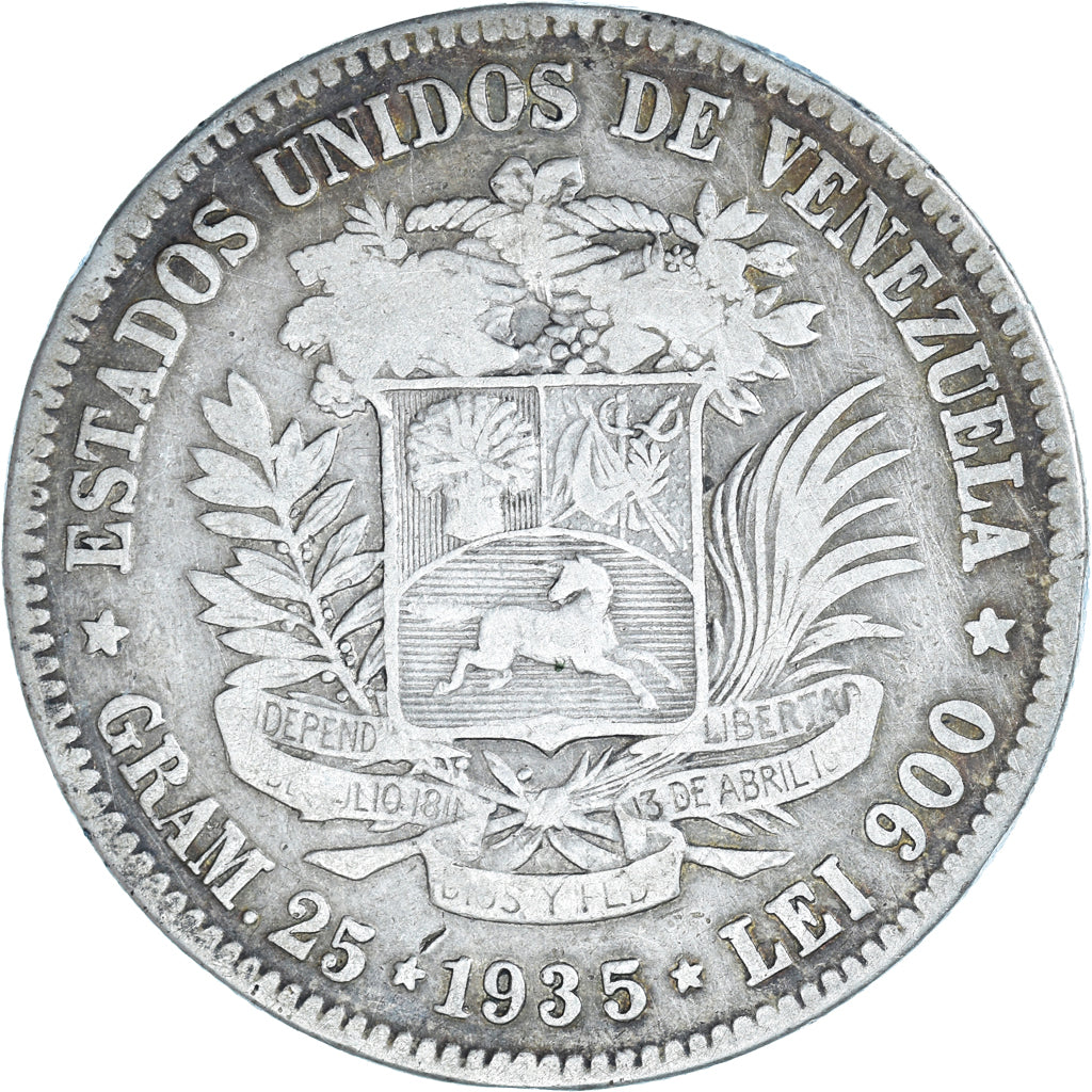 Monnaie, Venezuela, Gram 25, 5 Bolivares, 1935, TB+, Argent, KM:24.2