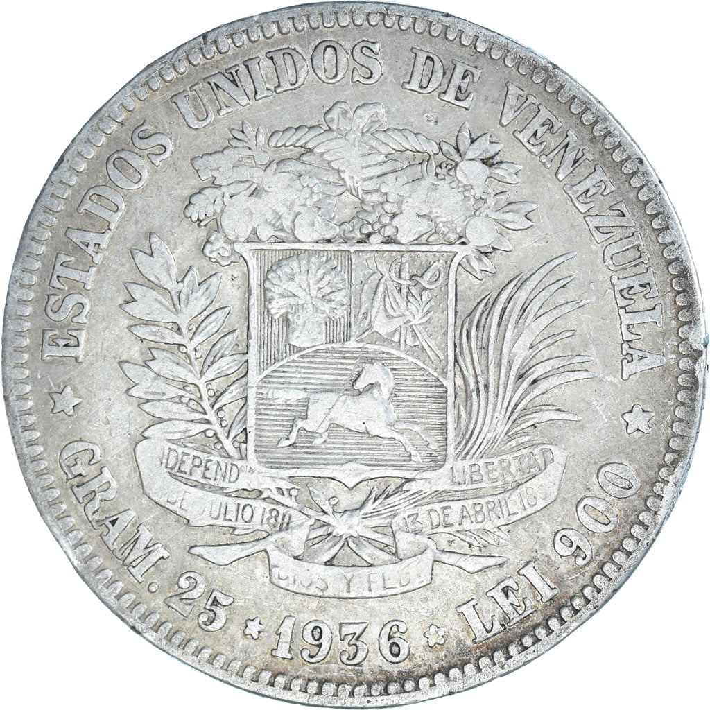 Monnaie, Venezuela, Gram 25, 5 Bolivares, 1936, TB+, Argent, KM:24.2