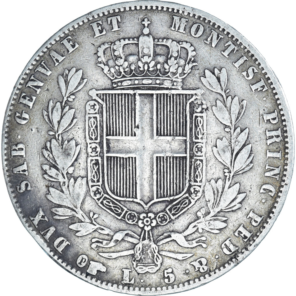 Munten, Italiaanse staten, SARDINIA, Carlo Alberto, 5 Lire, 1844, Genoa, FR+