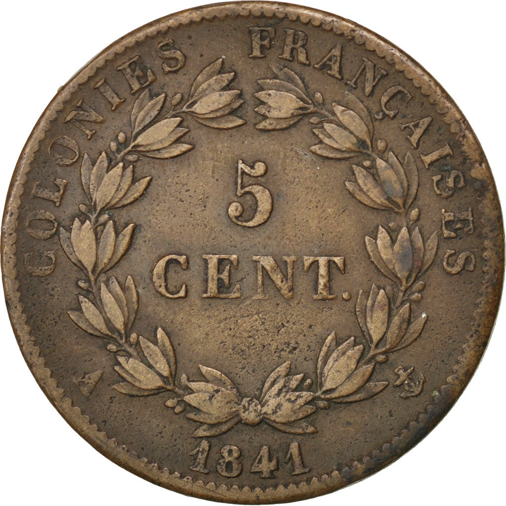 FRENCH COLONIES, 5 Centimes, 1841, Paris, KM #12, VF(30-35), Bronze, Lecompte...