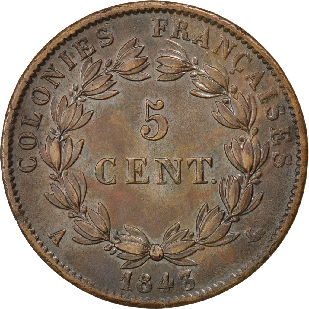 FRENCH COLONIES, 5 Centimes, 1843, Paris, KM #12, AU(50-53), Bronze, Lecompte...