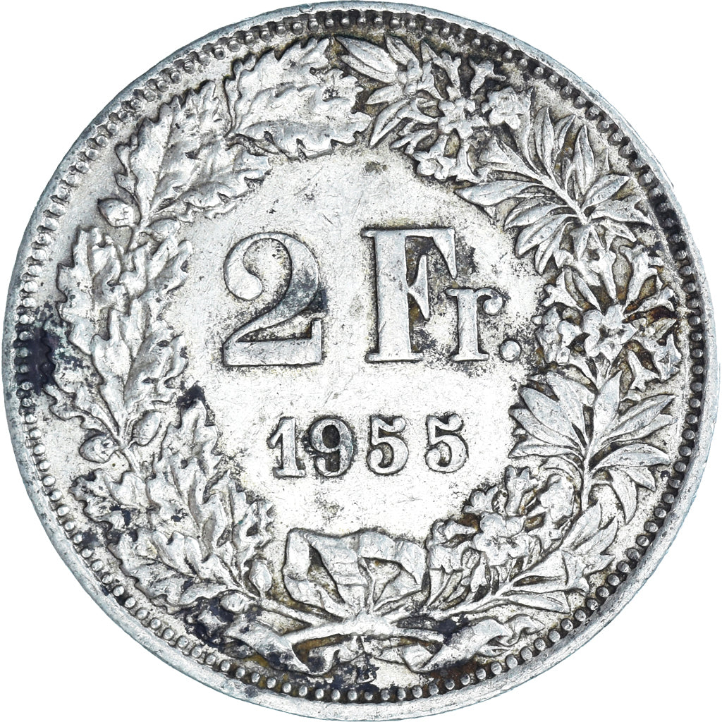 Coin, Switzerland, 2 Francs, 1955, Bern, AU(50-53), Silver, KM:21