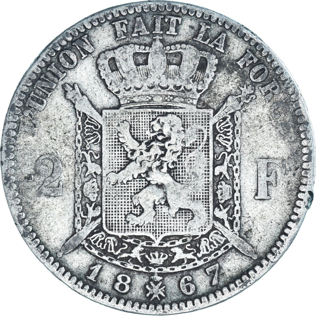 Coin, Belgium, Leopold II, 2 Francs, 2 Frank, 1867, Brussels, F(12-15), Silver