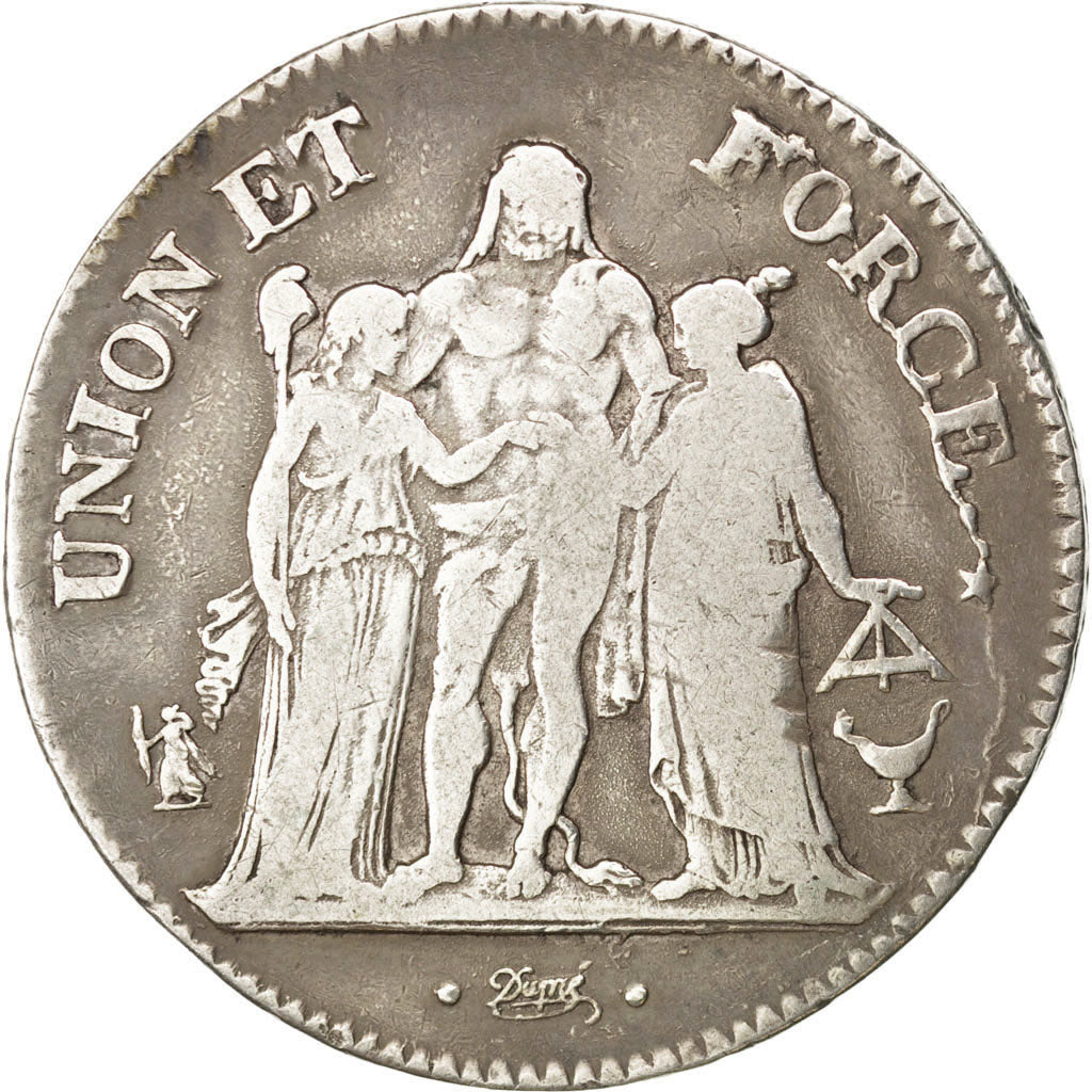 FRANCE, Union et Force, 5 Francs, 1802, Paris, KM #639.1, VF(30-35), Silver,...