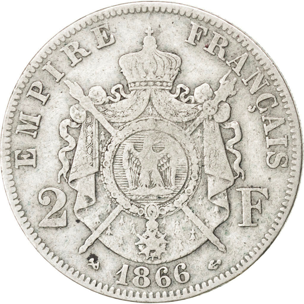 FRANCE, Napoléon III, 2 Francs, 1866, Bordeaux, KM #807.3, VF(20-25), Silver, G.