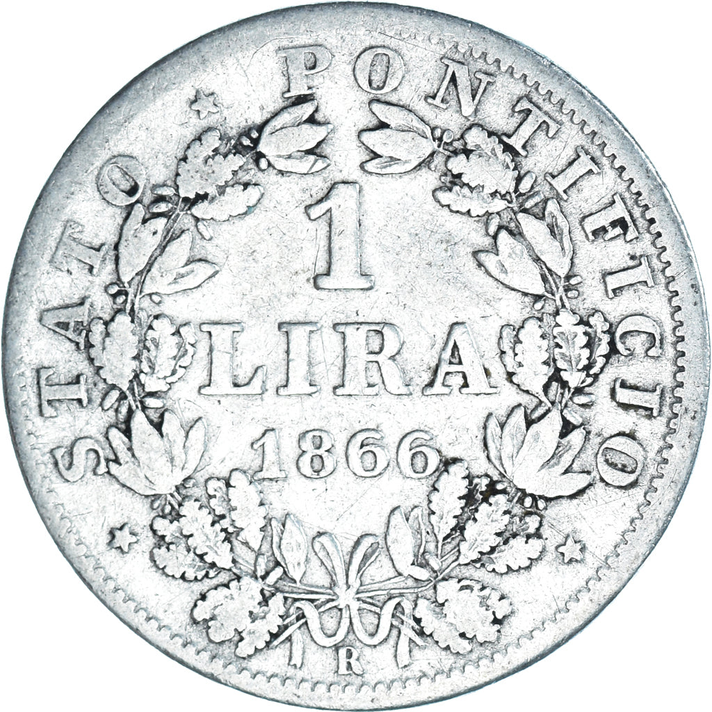 Coin, ITALIAN STATES, PAPAL STATES, Pius IX, Lira, 1866, Roma, F(12-15), Silver