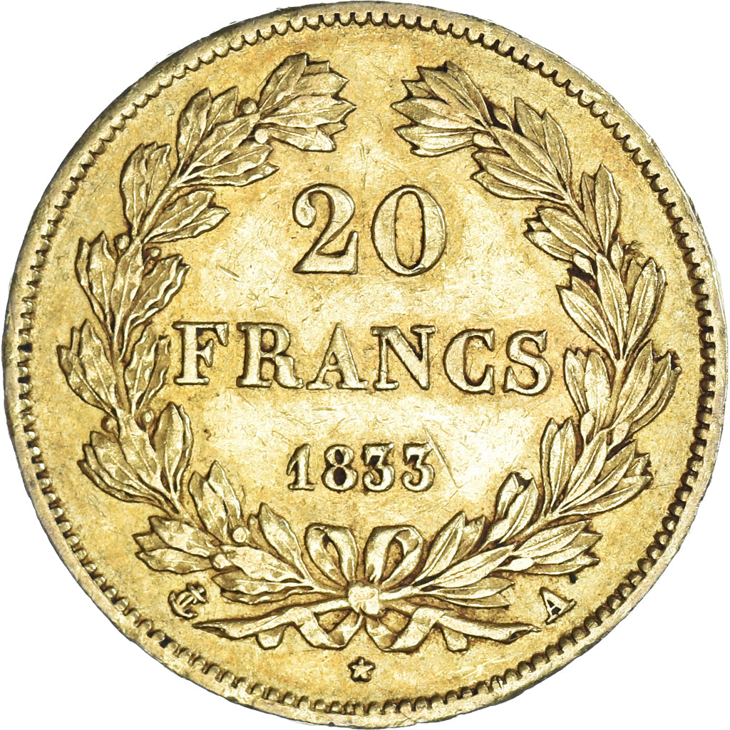 Moneda, Francia, Louis-Philippe, 20 Francs, 1833, Paris, MBC, Oro, KM:750.1