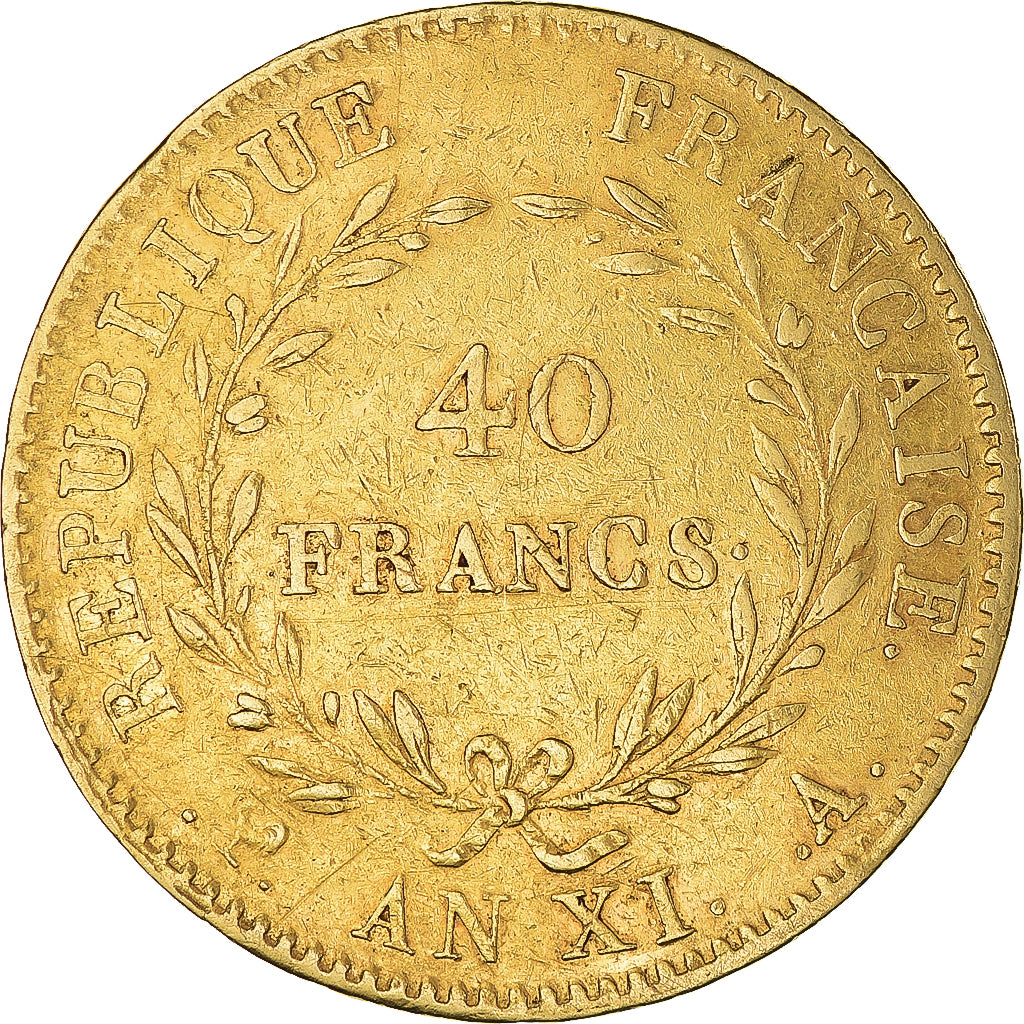 Monnaie, France, Napoleon I, 40 Francs, An XI, Paris, Sans olive, TTB, Or