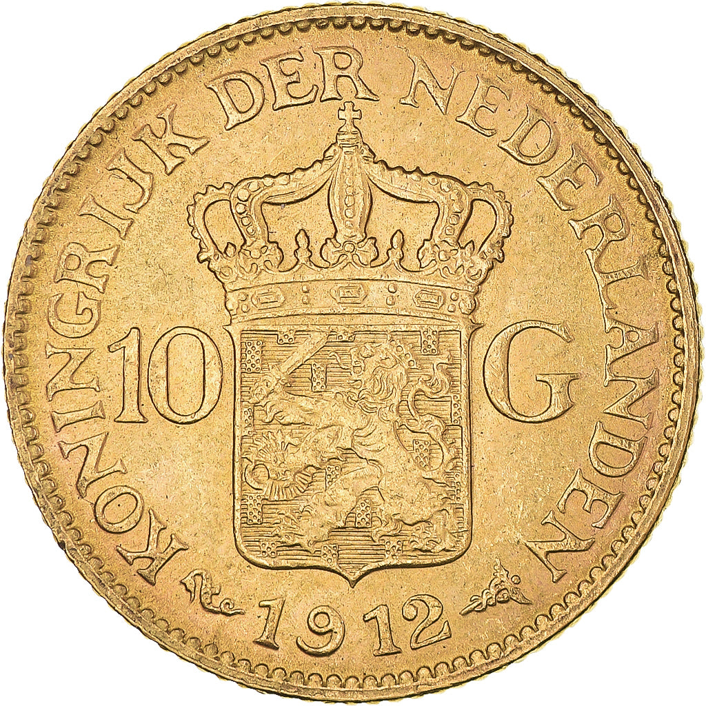 Coin, Netherlands, Wilhelmina I, 10 Gulden, 1912, AU(55-58), Gold, KM:149