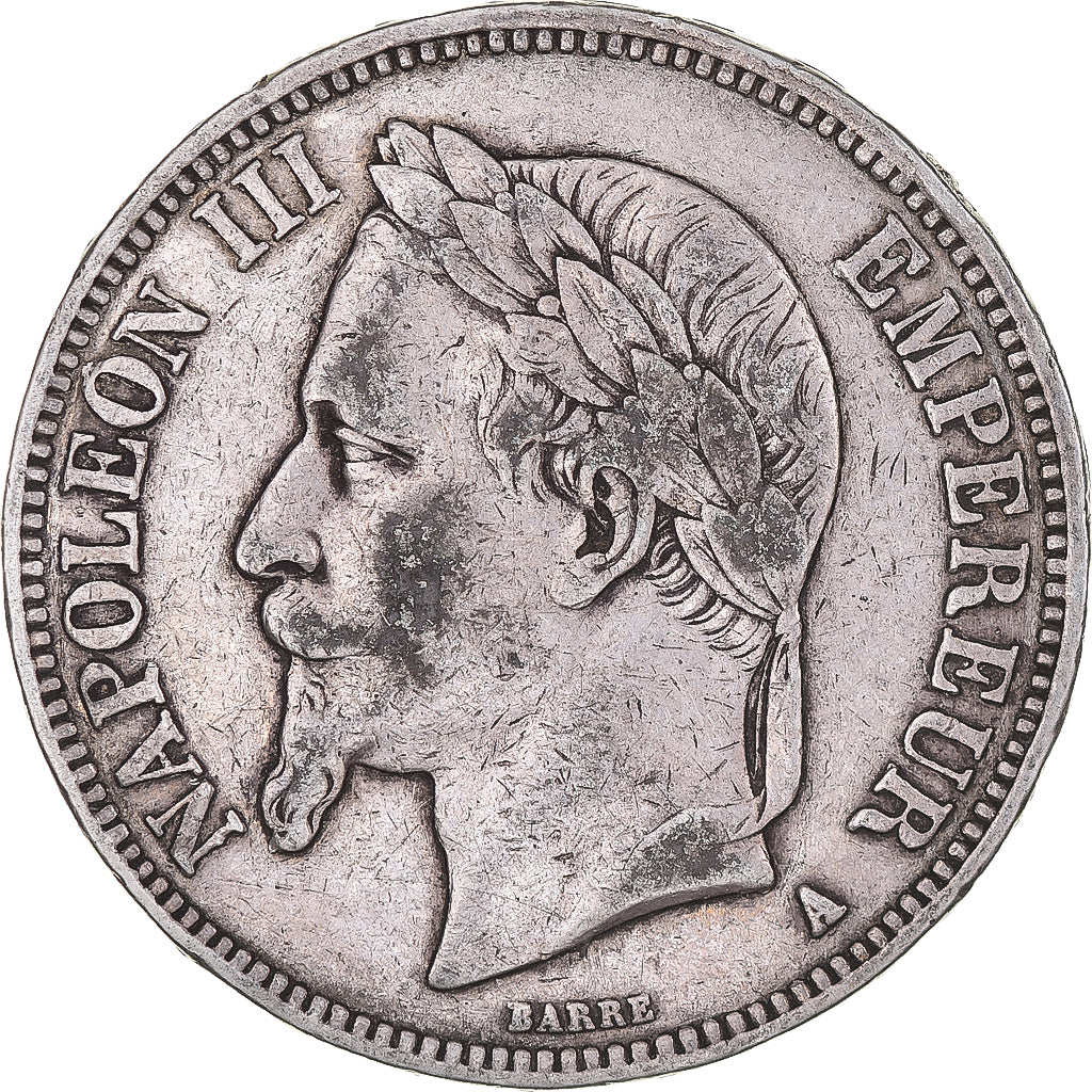 Moneda, Francia, Napoleon III, 5 Francs, 1868, Paris, BC+, Plata, KM:799.1