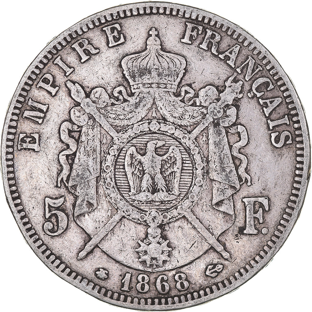 Moneda, Francia, Napoleon III, 5 Francs, 1868, Paris, BC+, Plata, KM:799.1