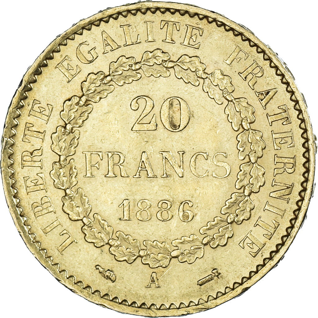 Moneda, Francia, Génie, 20 Francs, 1886, Paris, MBC+, Oro, KM:825, Gadoury:1063