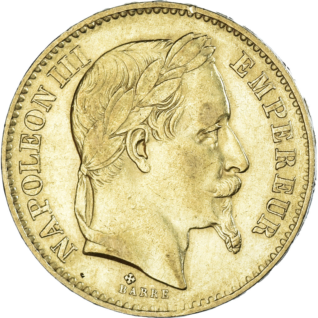 Moneta, Francja, Napoleon III, 20 Francs, 1867, Strasbourg, grand BB, AU(50-53)