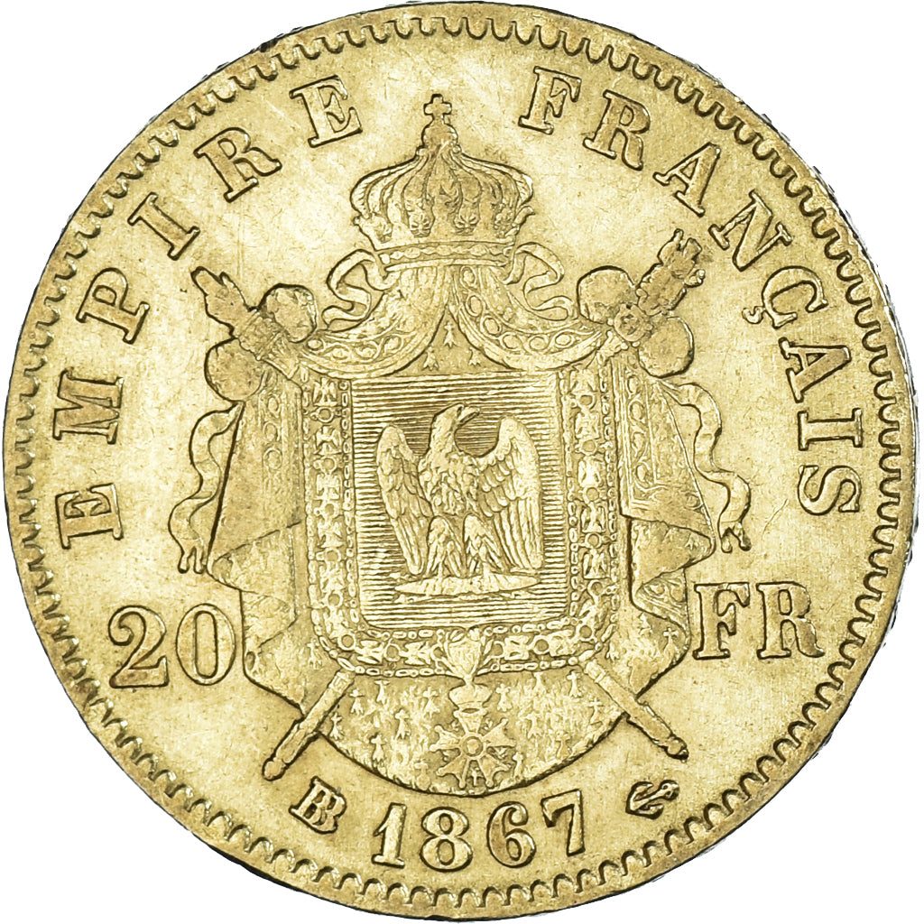 Moneta, Francja, Napoleon III, 20 Francs, 1867, Strasbourg, grand BB, AU(50-53)