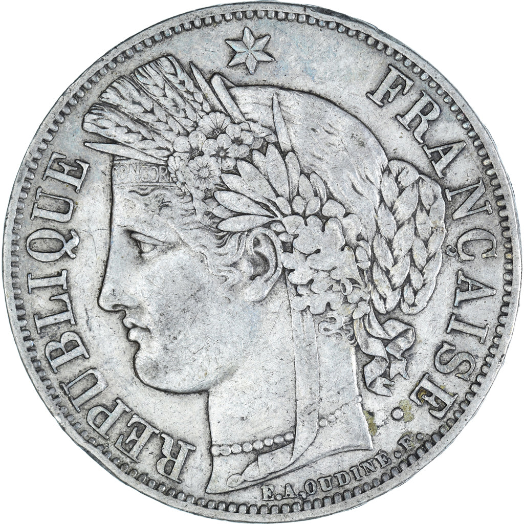 Moeda, França, Cérès, 5 Francs, 1849, Paris, main-chien, VF(30-35), Prata