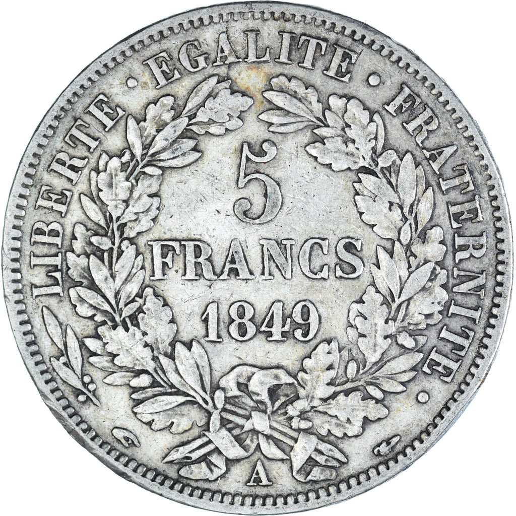 Moeda, França, Cérès, 5 Francs, 1849, Paris, main-chien, VF(30-35), Prata