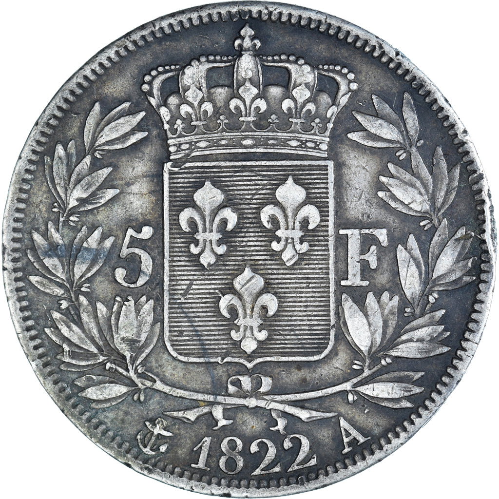 Coin, France, Louis XVIII, 5 Francs, 1822, Paris, VF(30-35), Silver, KM:711.1