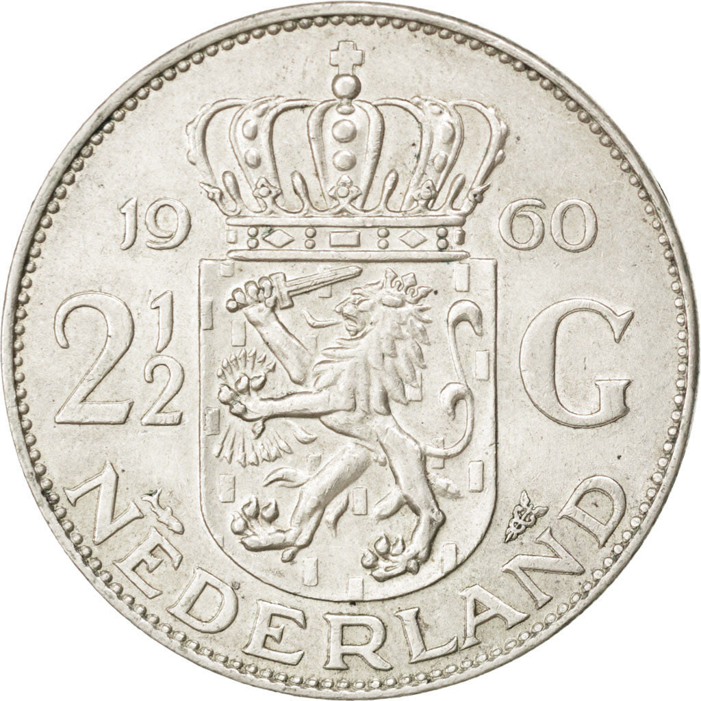 Coin, Netherlands, Juliana, 2-1/2 Gulden, 1960, AU(50-53), Silver, KM:185
