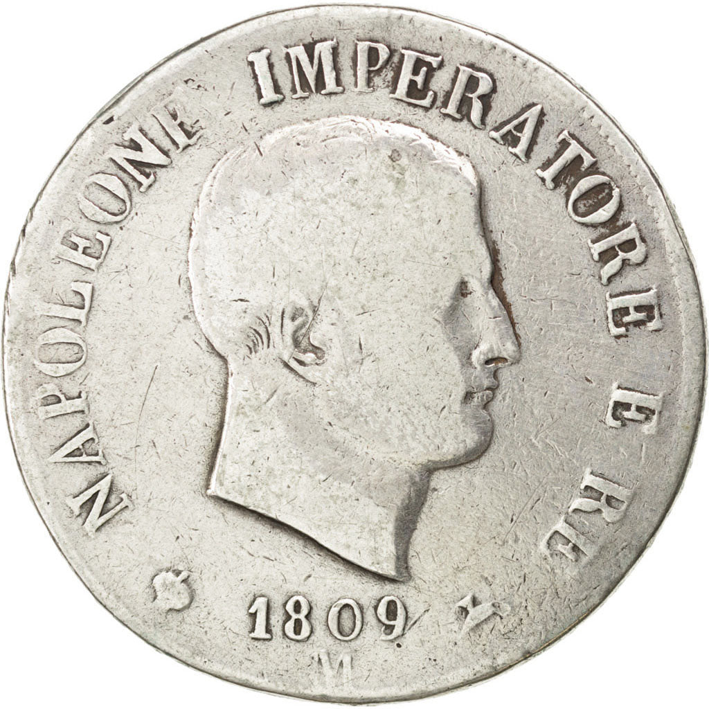 ITALIAN STATES, 5 Lire, 1809, Milan, KM #10.1, F(12-15), Silver, 24.51