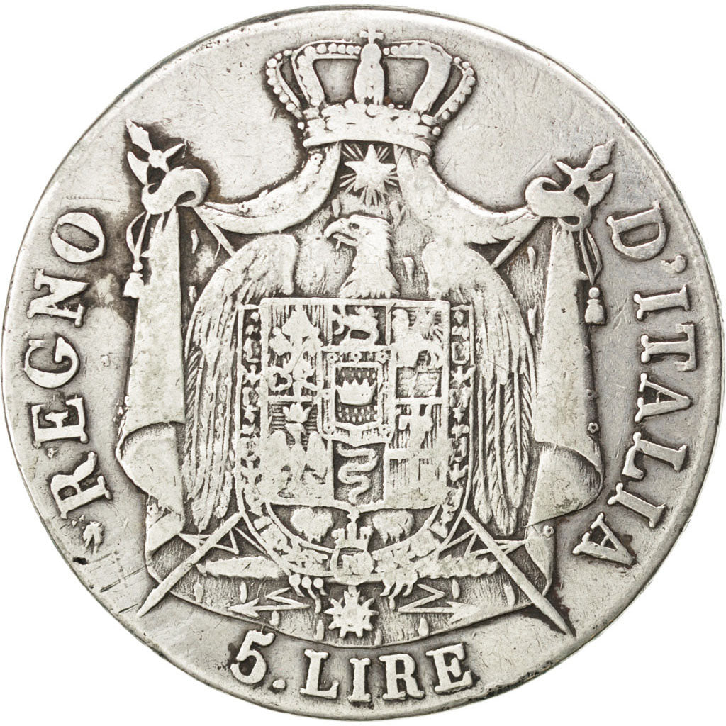 ITALIAN STATES, 5 Lire, 1809, Milan, KM #10.1, F(12-15), Silver, 24.51