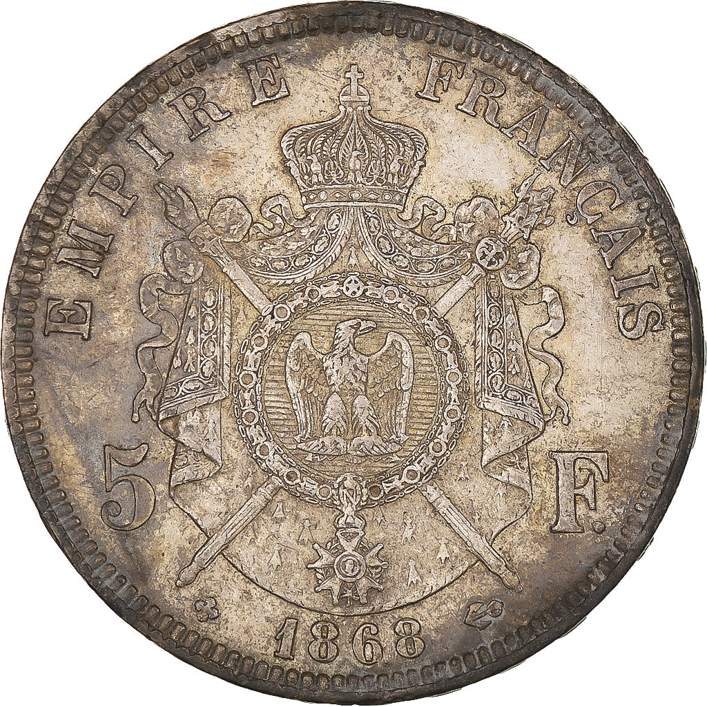 Moeda, França, Napoleon III, 5 Francs, 1868, Strasbourg, AU(50-53), Prata