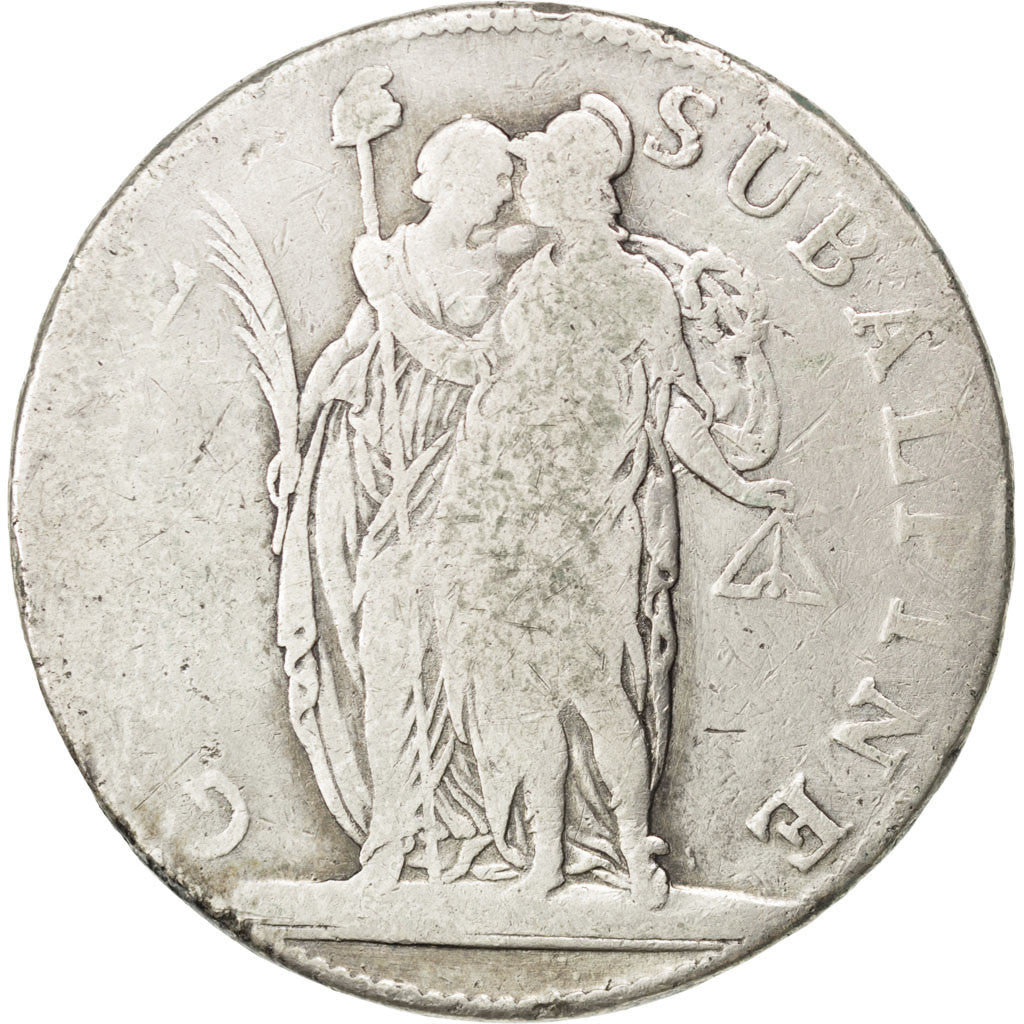 Coin, ITALIAN STATES, PIEDMONT REPUBLIC, 5 Francs, 1801, F(12-15), Silver, KM:4