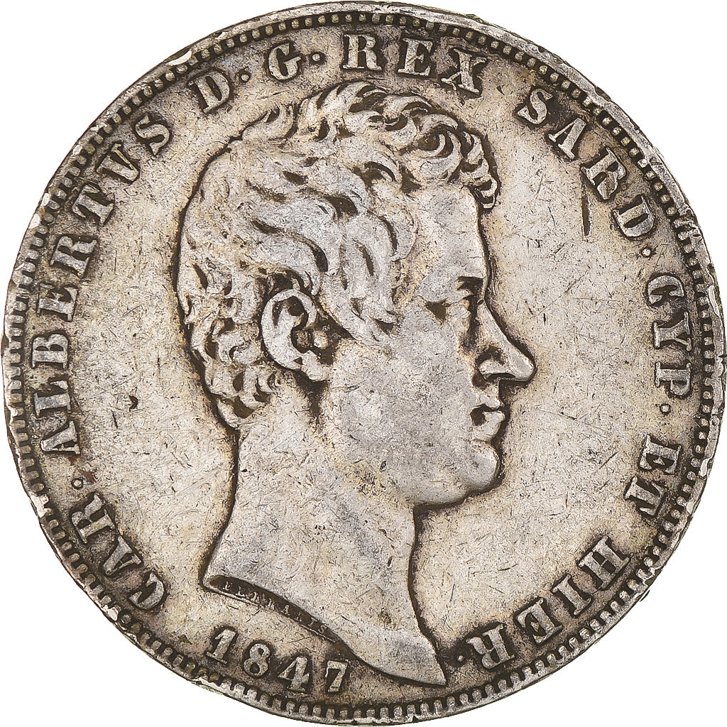 Moeda, ESTADOS ITALIANOS, SARDINIA, Carlo Alberto, 5 Lire, 1847, Genoa