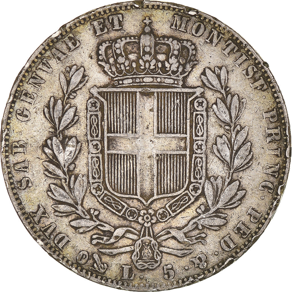 Moeda, ESTADOS ITALIANOS, SARDINIA, Carlo Alberto, 5 Lire, 1847, Genoa