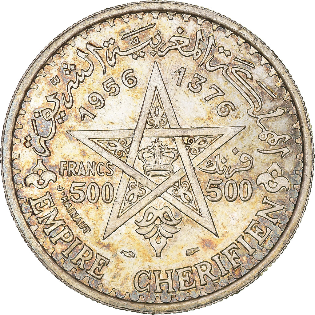 Coin, Morocco, Mohammed V, 500 Francs, 1956, Paris, MS(63), Silver, KM:54