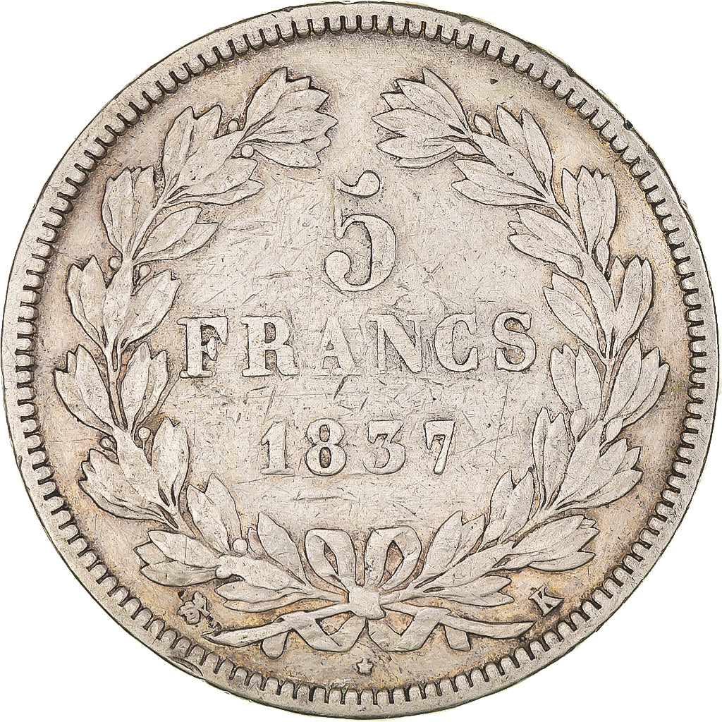 Monnaie, France, Louis-Philippe, 5 Francs, 1837, Bordeaux, TB+, Argent
