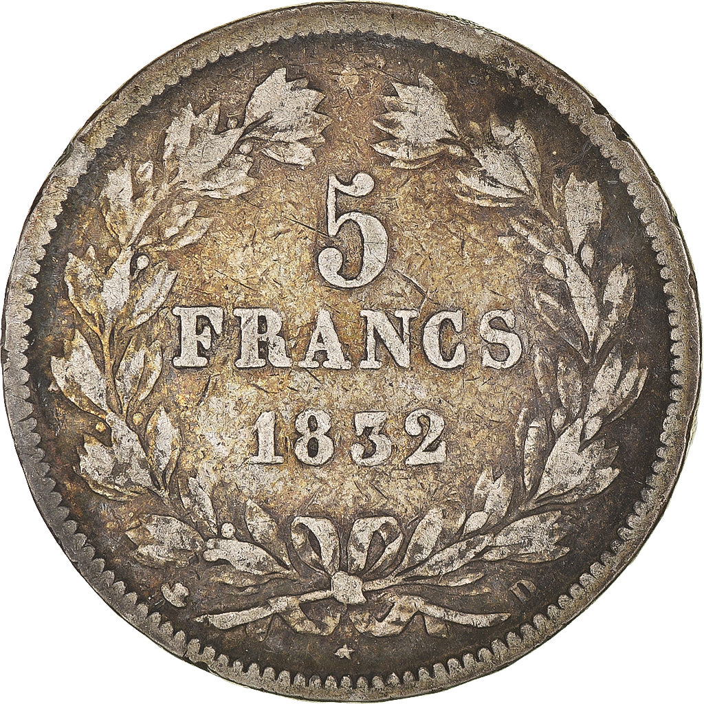 Coin, France, Louis-Philippe, 5 Francs, 1832, Lyon, VF(20-25), Silver, KM:749.4