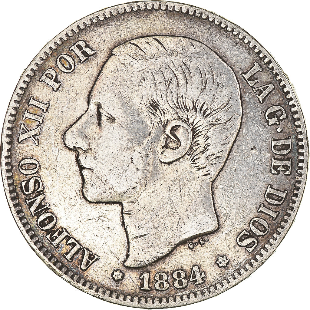 Moneda, España, Alfonso XII, 5 Pesetas, 1884, Madrid, BC+, Plata, KM:688