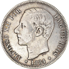 Moneda, España, Alfonso XII, 5 Pesetas, 1884, Madrid, BC+, Plata, KM:688