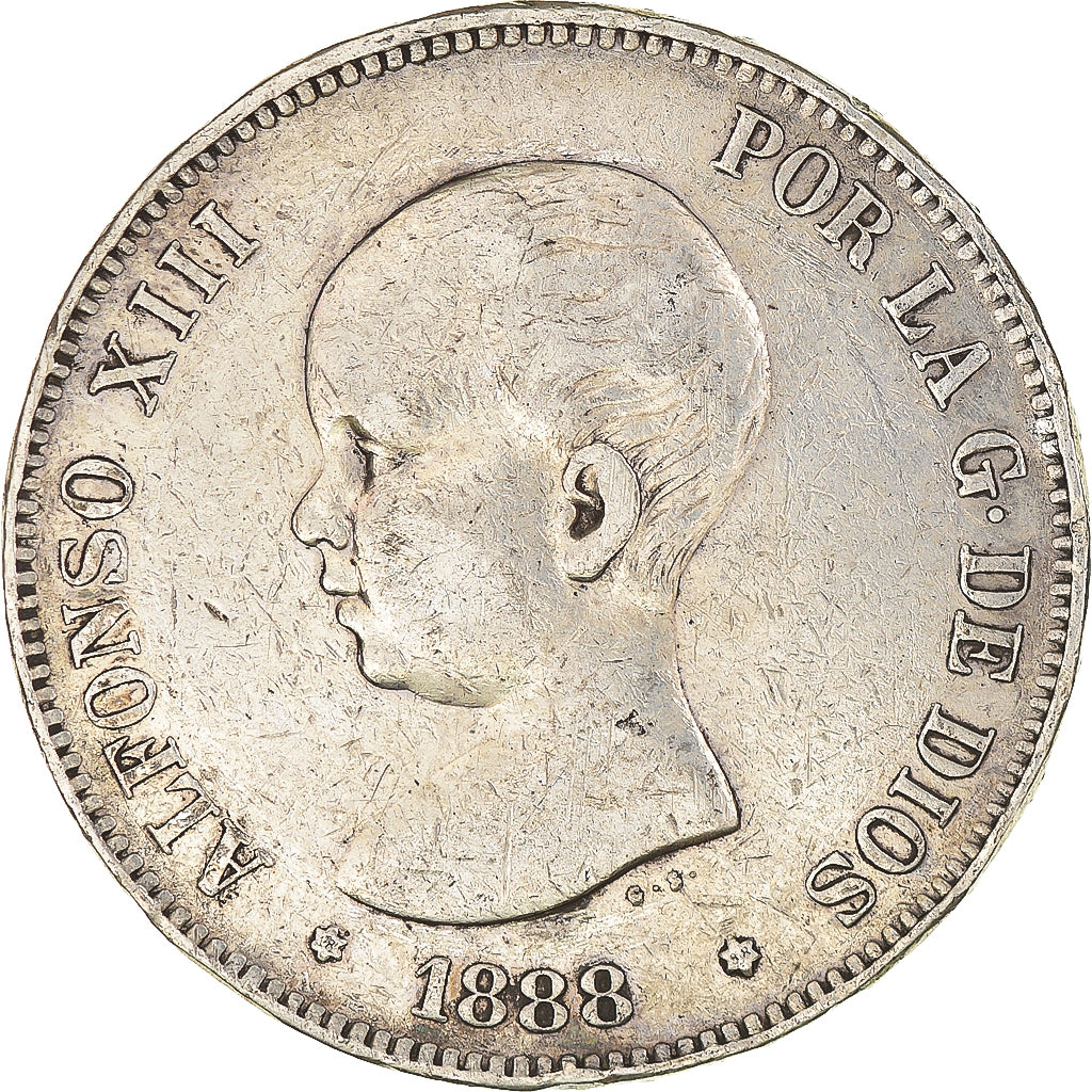 Monnaie, Espagne, Alfonso XIII, 5 Pesetas, 1888, Madrid, TB, Argent, KM:689